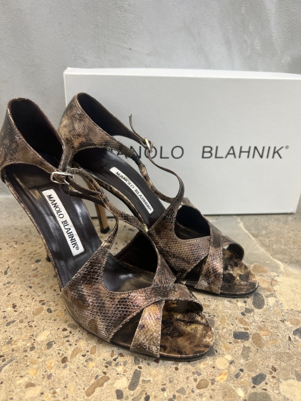 Manolo Blahnik Brown Snakeskin Strappy Stiletto Heels